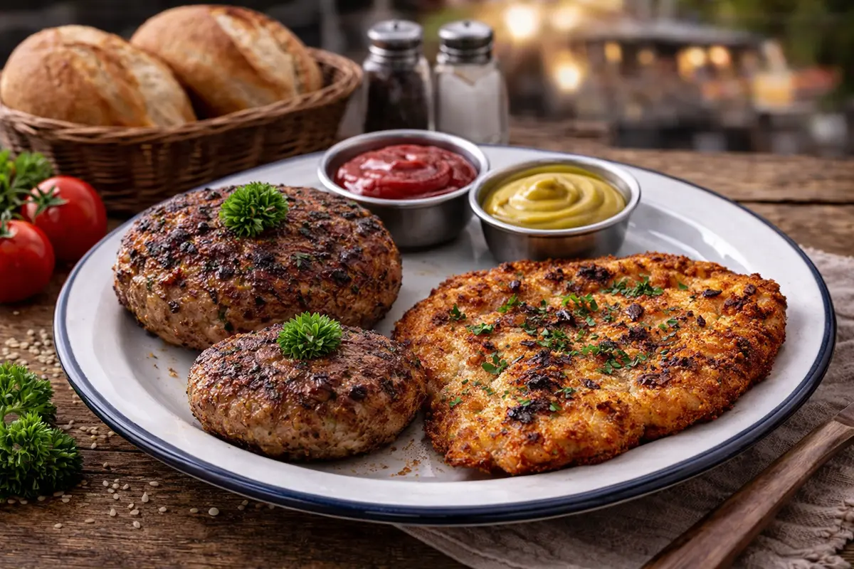Schnitzel und Buletten mit Brötchen und Saucen